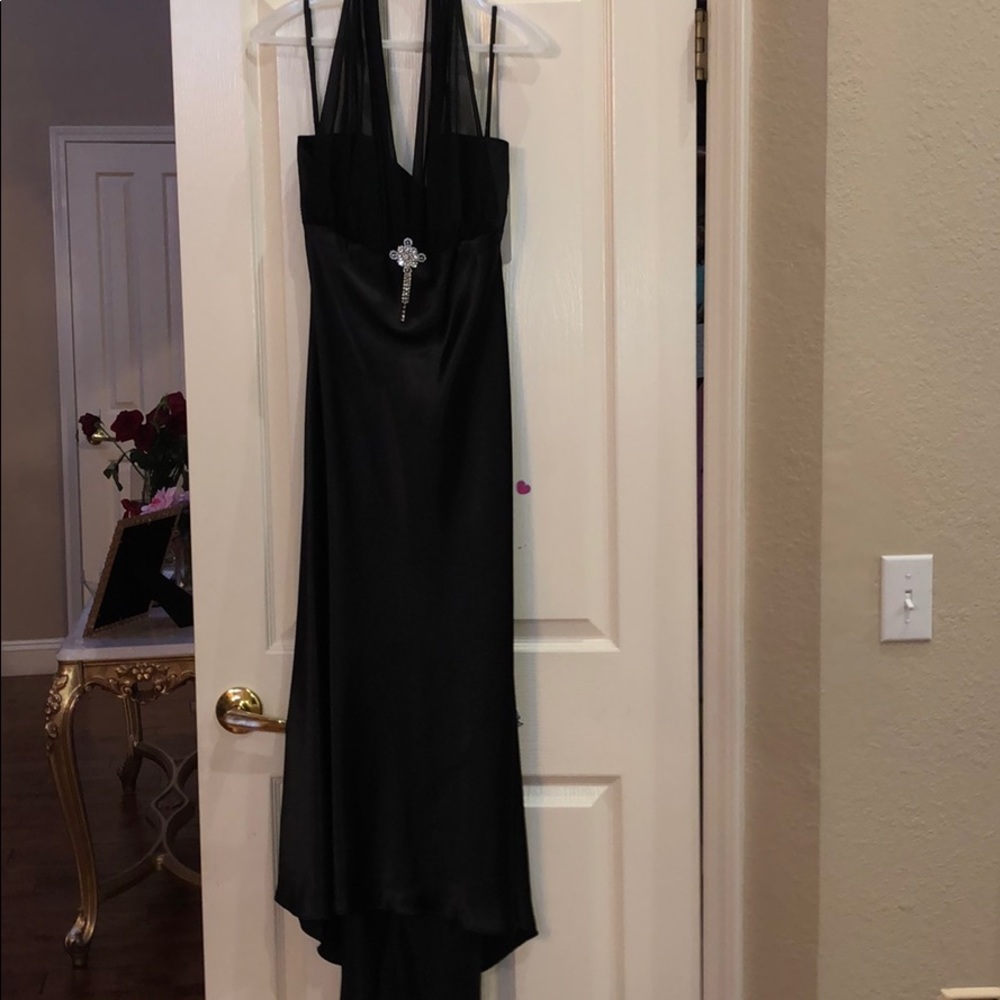 Black satin halter midi dress